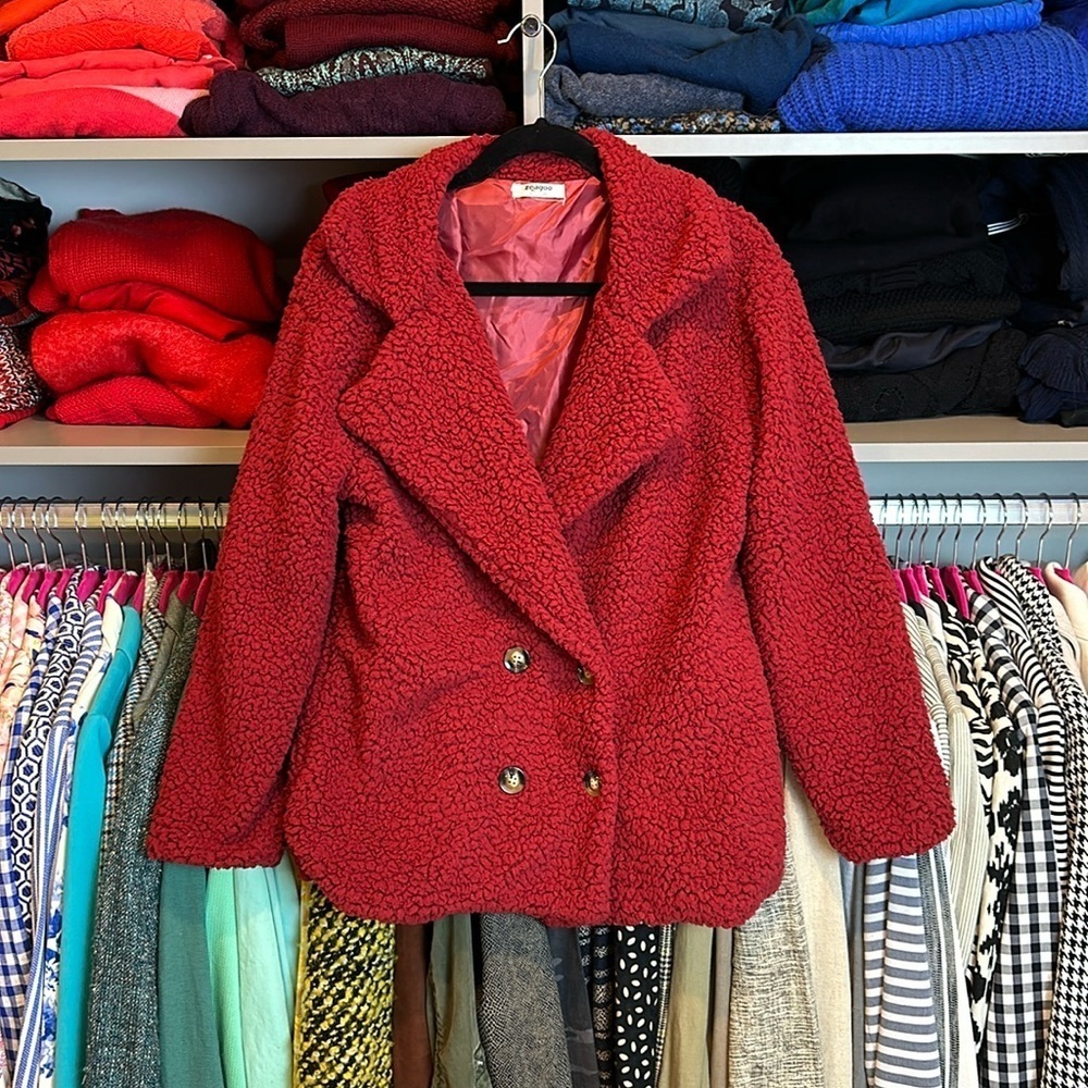 Zeagoo maroon teddy pea jacket size S